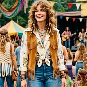 Vintage Genuine Leather Suede Fringe Vest 70s Festival Western Boho Medium Large